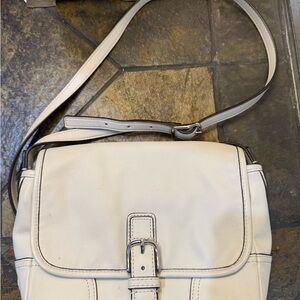Coach Hadley Leather Field Bag in white with silver-tone hardware.